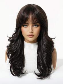 Brown Synthetic Wig With Bangs, Dark Brown Long Wavy Layered Wig, Suitable For Women's Daily Party Cosplay Wig 20 Inch For Everyday, Holiday, Travel Party Role-Play Wear - 棕色 - 查看 4