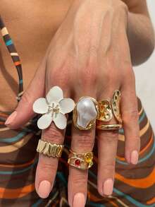 6 Stücke/Set Flüssige Lava Blumen Offener Ring Set, Barock Kunstperle Eingelegt (Für den täglichen Gebrauch von Frauen)