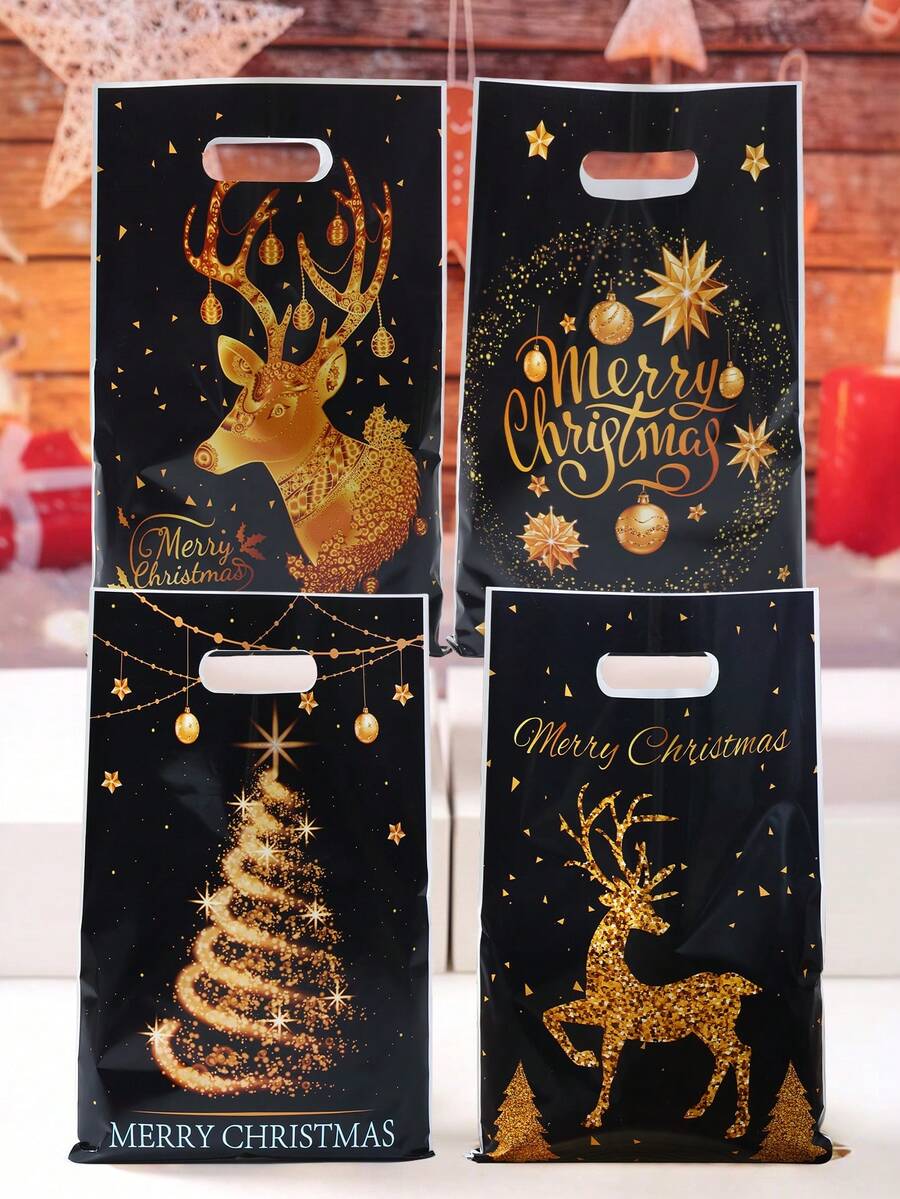 10/25/50个装黑色金色圣诞礼品袋，驯鹿和圣诞树图案塑料手提袋，圣诞派对用品，圣诞快乐装饰袋，圣诞庆祝小礼品袋，圣诞户外装饰，2026新年装饰，圣诞礼物，派对小礼品