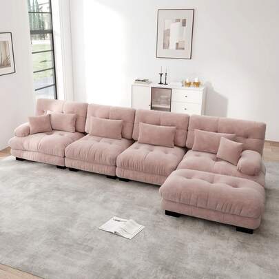 Modular L-Shaped Corner Sofa For Living Room, Comfortable Cloud Style 4 Seater Sofas With Removable Ottoman, DIY Combination, Chenille, Pink