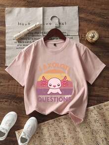 Tween Girl Casual Graphic Print Round Neck Short Sleeve T-Shirt For Summer - Pink - View 2