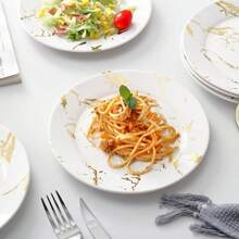 25 件/套陶瓷盘套装，白色大理石设计，带金边，优雅的开胃菜、沙拉、甜点盘，适合日常用餐和聚会 - 白色 - 查看 3