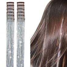 6Pcs Hair Tinsel Clip In 23.6Inch Glitter Tinsel Hair Extensions Clip In Hair Tinsel Kit Heat Resistant Shiny Sparkle Fairy Hair Accessories For Women (Mixed Color) - 銀色 - 查看 9