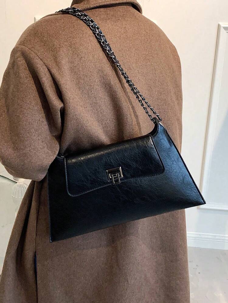 Fashionable Elegant Street Vacation Solid Color Chain Retro Versatile Shopping Shoulder Envelope Tote Bag - Black - View 1