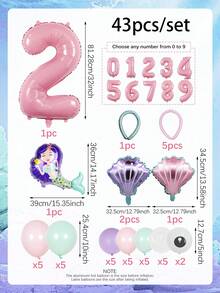 43 件美人鱼海洋气球套装，包含迷你美人鱼、贝壳、粉色数字铝箔气球、马卡龙粉色紫色绿色透明气球和眼睛气球，适用于海洋主题、美人鱼主题、海洋生日派对、生日派对装饰、美人鱼派对用品、活动道具 - 彩色 - 查看 2