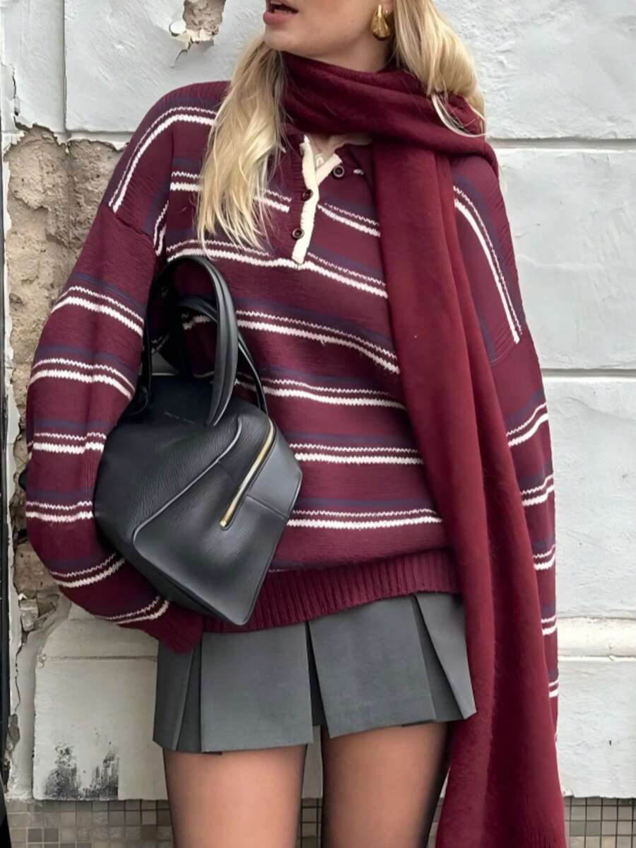Suéter feminino casual para deslocamento, listrado, gola polo, solto, outono/inverno - Borgonha - Ver 1