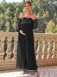 Joyfunear Elegant Maternity Party Dress With Off Shoulder Sheer Mesh Lantern Sleeves