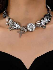 1pc Vintage Punk Rock Style Metal Heart, Flower & Pendant Necklace Chain, Suitable Party, Music Festival - 銀色 - 查看 8