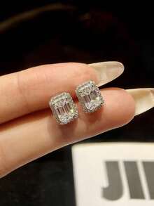 1 Pair 1 Carat Rectangular Minimalist Moissanite Stud Earrings, 925 Sterling Silver, Elegant & Luxurious Engagement/Wedding Bridal Jewelry - Rectangular Moissanite Earrings - View 1