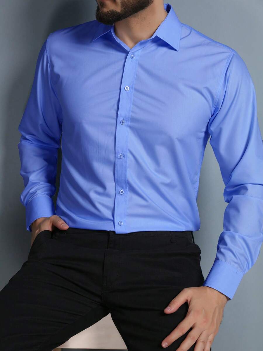 Men's Long Sleeve Slim Microfiber Fabric Dress Shirt - Sky Blue - View 1