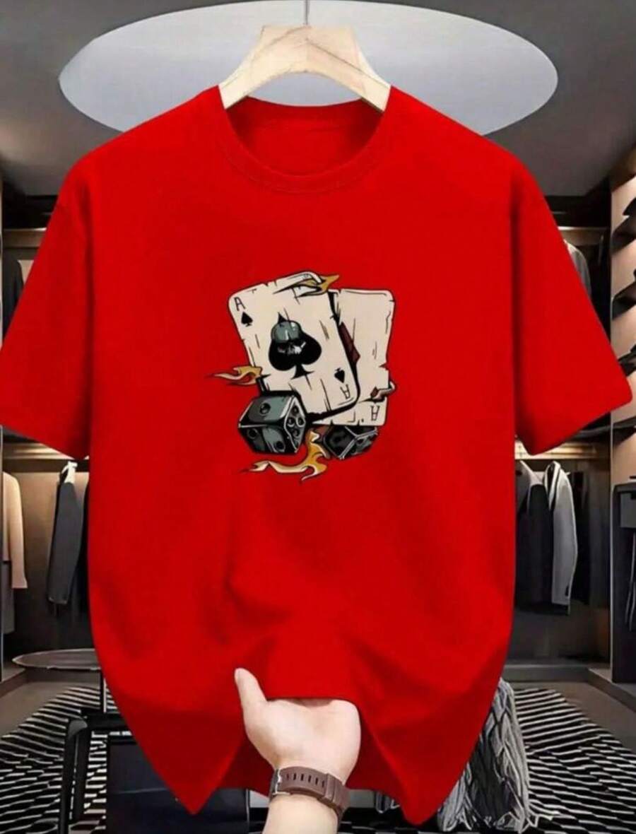 Basic T-Shirt Men's Women's Cotton Tshirt Unisex Shirt Summer Fashion Streetwear Playing Cards And Dice - 紅色的 - 查看 1