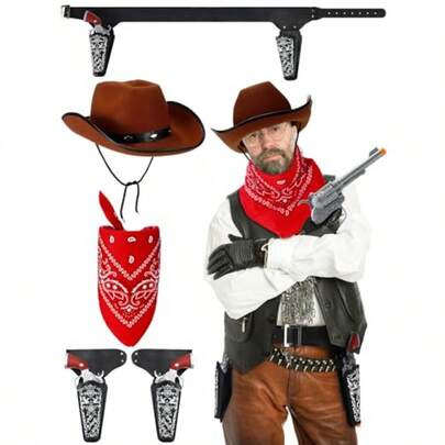 5 Pcs Cowboy Hat Accessories Set Western Costume Black Adjustable Cowboy Gun Belt And Holster Red Paisley Bandanna Outfit For Adult Halloween Dress Up Partiesgift