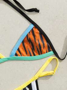 Sexy Animal Print Bikini Set, Two Pieces, Neon Color Accents, Adjustable Side Tie Swim Bottoms | Women's Swimwear For Pool Party, Beach Vacation Summer - Multicolor - View 6