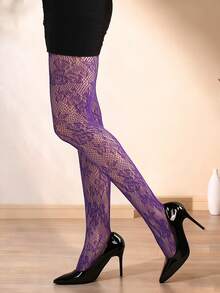 1 Pair Women Floral Jacquard Fishnet Tights/Leggings - Purple - View 4