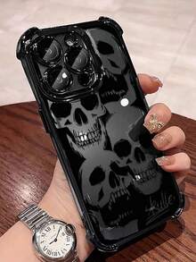 Creative Skull Head Pattern Compatible With Apple Phone 13/11/17/12/15/14/16/ProMax/Pro/Plus/Xs Max/XS/X,Anti Wear Transparent Soft Shell Four Corner Anti Fall Phone - màu đen - Xem 2