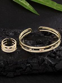 rakol 2pcs Shiny Minimalist Gold-Color Circular Bangle & Ring Set, Suitable For Daily Wear, Women Gifts - Style 3 - View 4