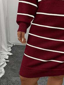 Plus Size Casual Color Block Striped Ribbed Crew Neck Sweater Dress, Autumn/Winter - Red - View 8