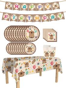 80/10pcs Cartoon Capybara Theme Party Supplies Set, 7/9 Inch Plates Cups Napkins Banners Tablecloth Set, Suitable For 10-80 Guests, Suitable For Birthday Picnic Camping Celebration Decoration - Multicolor - View 1