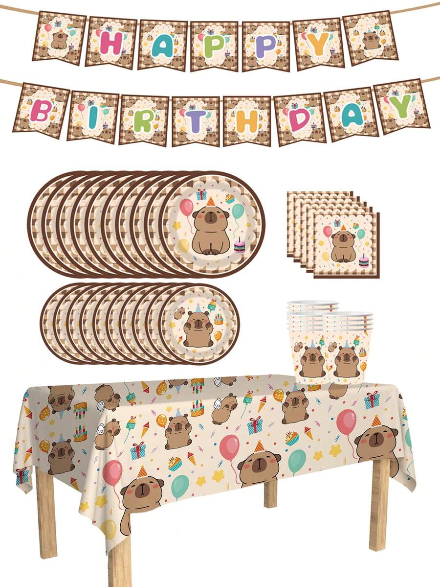 80/10pcs Cartoon Capybara Theme Party Supplies Set, 7/9 Inch Plates Cups Napkins Banners Tablecloth Set, Suitable For 10-80 Guests, Suitable For Birthday Picnic Camping Celebration Decoration - Multicolor - View 1