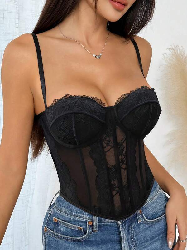Sexy Lace Mesh Spaghetti Strap Backless Boned Corset One-Piece Women's Summer Slimming Underwear Shapewear Corset Strapless Tank Top
