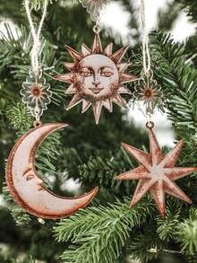 3pcs Vintage Sun, Moon, Star & Christmas Tree Decor, Bohemian Gothic Witch Aesthetic Christmas Decoration, Retro Sun Face, Crescent Moon, Star Ornaments, Suitable For Solstice, Holiday Parties, Home, Bedroom, Living Room, Office, Seasonal Decor (Please Remove Protective Film Before Use, Acrylic Material, Not Glass) - Multicolor - View 3