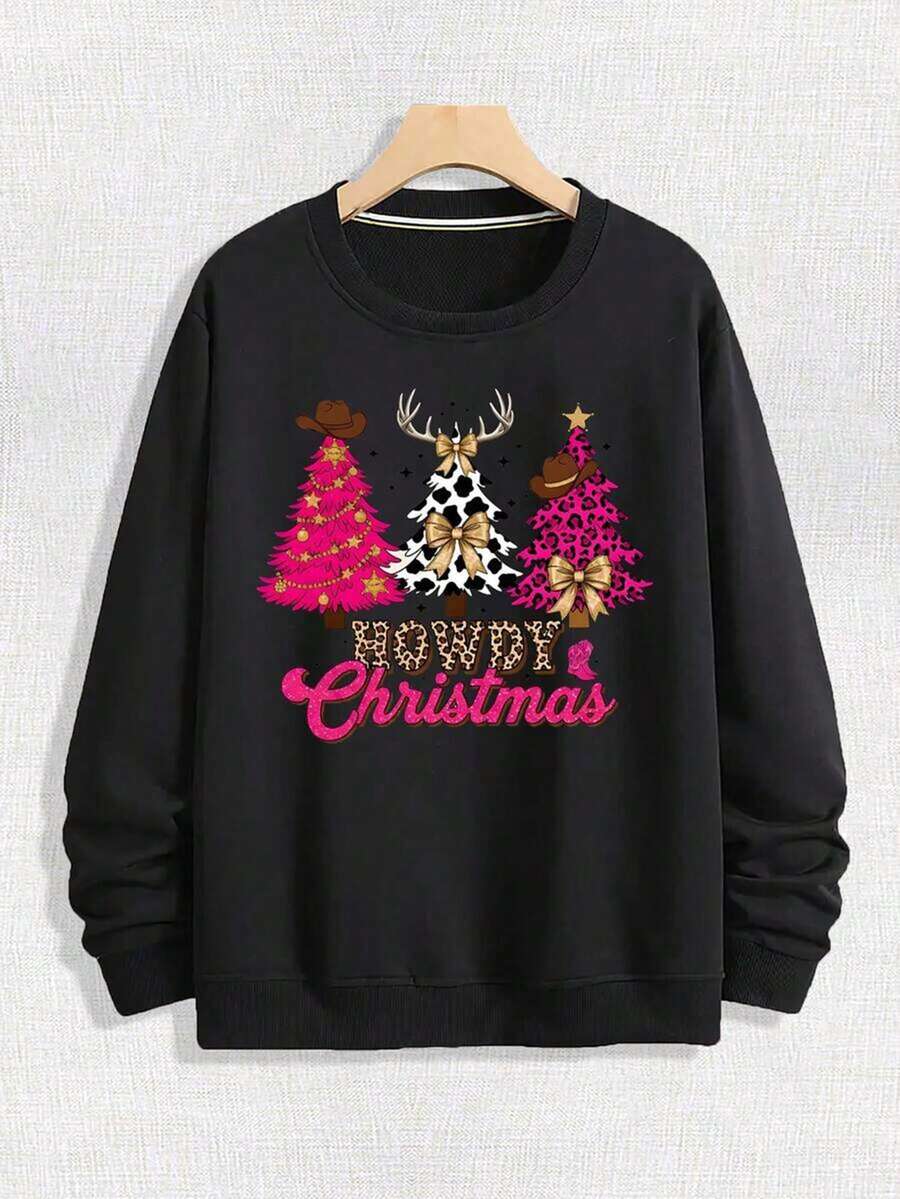 Men's Street Loose Round Neck Hoodie, Decorated With A Denim Hat And A Colorful Christmas Tree Pattern With A Bow, Printed With The Words "HOWDY Christmas", Christmas Gift, Soft And Casual Long Sleeved Pullover For Spring And Autumn, Machine Washable Outdoor Sports Top,Fall Hoodies,Men's Fall Clothes,Street Wear,Halloween,Mens Hoodies,Y2k Clothes,Jesus Hoodie,Thanksgiving Day,Nightmare Before Christmas,Christmas - 黑色 - 查看 1
