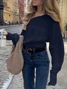 Women's Solid Off Shoulder Knit Blouse, Fall Winter Slim Cropped Sweater - Royal Blue - View 5