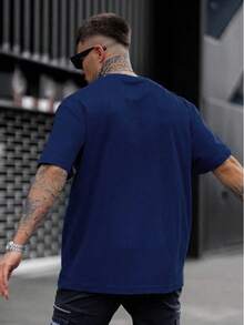 Mangas cortas de verano 2025, cuello redondo sólido, relajado y casual, marrón negro y azul tibetano, cómodo t - Azul Marino - Ver 3