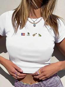 1pc Puerto Rico Women's Fashion Short Sleeve T-Shirt, Y2K Clothes, Back To School Clothes, Vintage Clothes, Street Wear, Rock, Holiday, Vacation, Festival, Summer Tops - 白色 - 查看 3