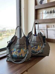 Women's Shoulder Tote Bag, Bohemian Style Floral Embroidery Pattern, Large Capacity, Lightweight, Foldable, Suitable For Commuting, Travel, Shopping, Dating, Christmas Gift, Tote Handbag, Work Bag, Women Purse