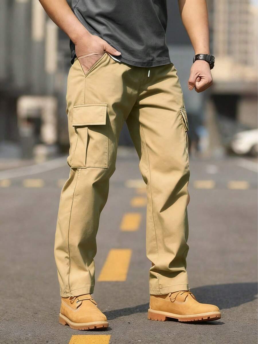Men's Solid Color Drawstring Pocket Outdoor Work Pants, Straight Leg Solid Color Work Pants, Suitable As A Gift For Husband Or Boyfriend, Versatile For All Seasons, Casual Everyday Wear Spring - 卡其色 - 查看 1