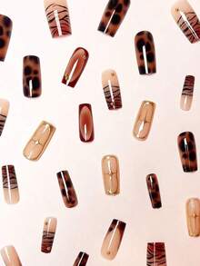 24pcs/Set Minimalist French Manicure Medium Length Nail Tips, Leopard Print, Gold Foil Starry, Tie Dye Brown, 3D Golden Pearl, Sweet Style Reusable Press-On Nails With Jelly Gel And 1pc Nail File, Suitable For Office Ladies, Daily Dates, Afternoon Tea, Outdoor Activities - Nhiều màu 4 - Xem 3