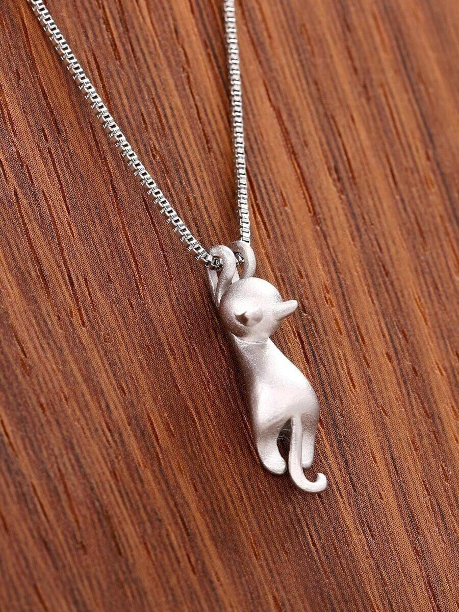 Cat Pendant Necklace - Silver - View 1