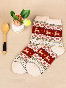 5 Pairs Of Cozy Reindeer Print Mid-Calf Socks - Warm, Thick Christmas Socks For Women, Festive Animal Design In Red, Beige, Brown, And Navy Blue, Perfect For Holiday Celebrations, Christmas Socks,Christmas Surprise Gifts,Valentine's Day Gifts, New Year's Gifts - Multicolor - View 9