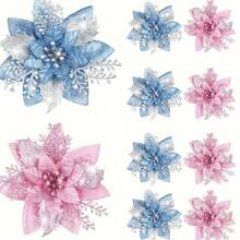 20pcs Glitter Poinsettia Artificial Christmas Flowers With Clips - Sparkling Blue & Pink Floral Garland Ornaments For Holiday Tree Decor, Wedding, And Party Decorations, Christmas Decorations - 10flower+10Clips - View 3