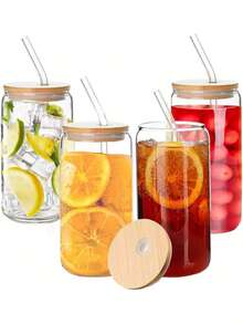 SELECTSHOP Set De 4 Vaso Tipo Lata De Vidrio Con Tapas Popotes De Vidrio Y Cepillo De Limpieza Vasos para Cerveza Taza de Café Helado Vasos de Cóctel Adecuados para Agua Jugo Sodaé Regalo (Set De 4) - Juego de 4 piezas - Ver 9