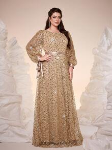 Mgiacy，新品上市，加大码舞会礼服，浪漫女士加大码正式礼服，金色亮片长袖蝴蝶结袖口圆领喇叭下摆长款礼服，适合晚宴派对。