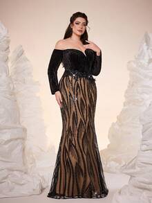 Mgiacy-POP,New Arrival,Off Shoulder,Elegant,Large Size Evening Gown Dress,Asymmetric,Sequin,3D Floral,Sequin Splicing,Package Hip,Mermaid Hem Dress,FOR,Prom Wedding,Party Dress,Wedding Guest Dress,Evening Dress(Non-Positioning) - Black - View 6