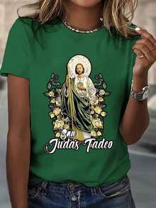 Camiseta 100% algodón San Juditas San Juda5 octubre de Manga Corta y cuello redondo para Mujer - Verde - Ver 1