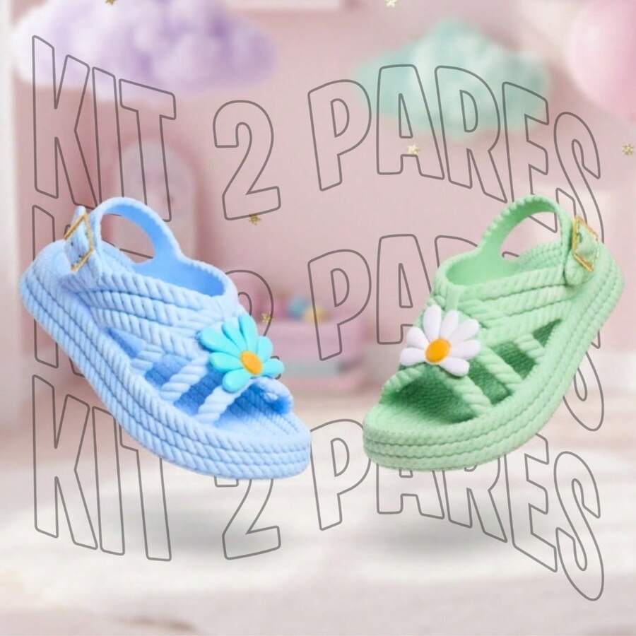 Kit 2 Pares Papete Infantil Menina Margarida Leve e Confortável Escolar Trançada - Azul + Verde - Visão 1