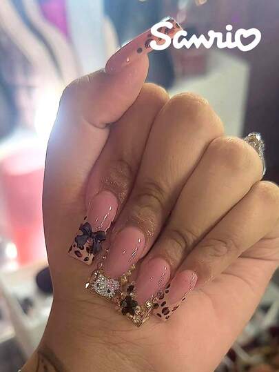 Sanrio Sanrio Hello Kitty 24pcs Square Leopard Design French Tip Press On Nails With Cute Hello Kitty,Bow,Flower And Rhinestones Decoration Perfect Fit False Nails Set, Contain 1pc Jelly Glue And 1pc Nail Filen, Hello Kitty Nails For Women And Girls Daily Life And Party Use