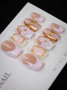 10片Y2K风格 - 粉色花朵金色十字星美甲贴片，粉色渐变法式方形美甲贴片 - 法式设计，粉色花朵装饰，金色珠子点缀假指甲 - 秋冬季必备美甲，适合日常使用、旅行、轻奢搭配 - 送给女士的最佳礼物，手工美甲贴片 - 彩色 - 查看 7