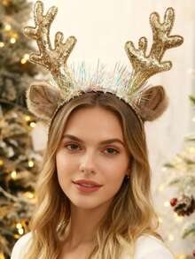 1pc Women's Christmas Reindeer Antler Headband, Decorative Shiny Headband For Party Atmosphere, Suitable For Holiday, Party, New Year Wearing Hair Band Hair Hoop Home Decor Christmas Decorations Room Decor