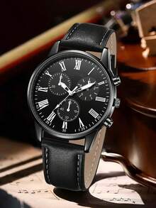 5 Stücke Herren Armband-Set mit schwarzem PU-Lederarmband, klassischem Drei-Augen-Zifferblatt, Quarzuhr für den täglichen Gebrauch oder als Geschenkidee - Schwarz - Übersicht 2