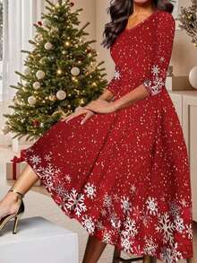 Fashionable Casual Vacation Style Elegant Women's Versatile Slim Fit Outdoor, Home, Travel, Work Dress, Women's Christmas Snowflake Print Casual Graceful Dress, Autumn/Winter