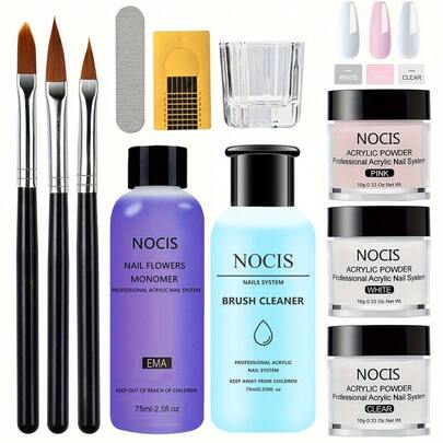 NOCIS High-Quality Acrylic Nail Art Kit, Includes Clear Pink, Nude Pink, Non-Yellowing Liquid, Brush, Cleanser And Professional Nail Tools, Achieve Salon-Level Manicure At Home!