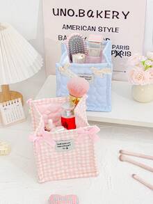 1pc Desktop Quilted Storage Basket With Bow, Desktop Debris Storage Basket For Desktop Organization And Storage, Lipstick Makeup Brush Skin Care Storage Basket, Tabletop Decoration, Cosmetic Storage Basket For Storing And Organizing Brushes And Skin Care Products, Headphone Lipstick Storage, Portable Picnic Basket, - Multicolor - View 3