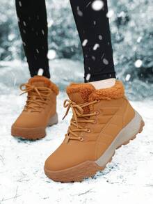 Women's Fashionable Ankle Snow Boots, Outdoor Sports Lace-Up Anti-Slip Hiking Boots, Warm Thermal Lined Walking Shoes, Camel Ankle Boots For Winter - Camel - View 3