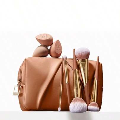 IPSY X ™ Limited Edition Mocha Mousse-Inspired Beauty Bundle - Makeup Brush Set Sponges And Bag 5 Pro Brushes 3 Blending Sponges And Soft Vegan Leather Cosmetic Bag