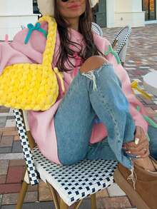 彩色蝴蝶结3D装饰宽松落肩圆领长袖针织套头衫，休闲可爱，适合秋冬季节穿着，时尚百搭，适合情人节/圣诞节粉色假期 - 粉色 - 查看 2